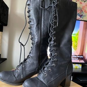 Knee length faux leather boots